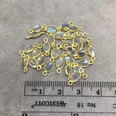 BULK LOT - Pack of Six (6) Gold Sterling Silver Pointed/Cut Stone Faceted Oval Shaped Labradorite Bezel Connectors - Measuring 4mm x 6mm
