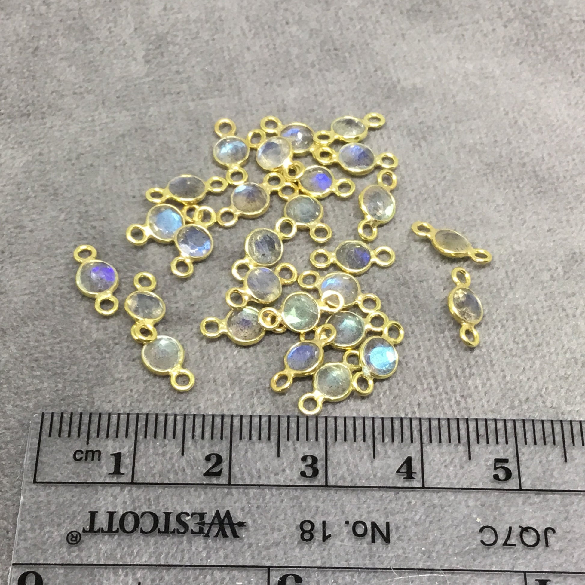 BULK PACK of Six (6) Gold Sterling Silver Pointed/Cut Stone Faceted Round/Coin Shaped Labradorite Bezel Connectors - Measuring 4mm x 4mm