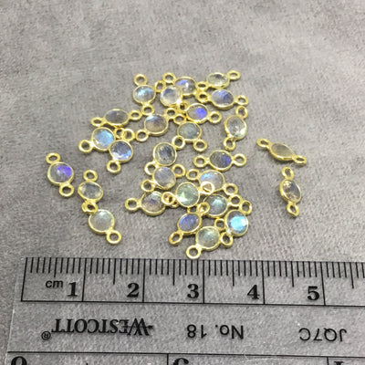 BULK PACK of Six (6) Gold Sterling Silver Pointed/Cut Stone Faceted Round/Coin Shaped Labradorite Bezel Connectors - Measuring 4mm x 4mm
