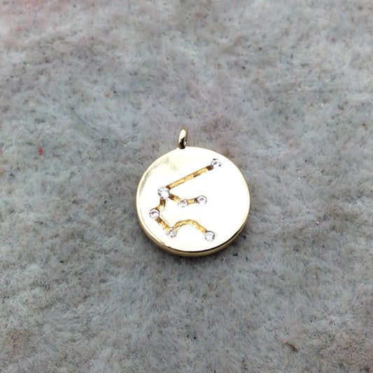 Small Gold Finish Round Shape CZ Cubic Zirconia Inlaid Plated Copper Aquarius Zodiac Constellation Pendant ~ 11mm  - Sold Individually