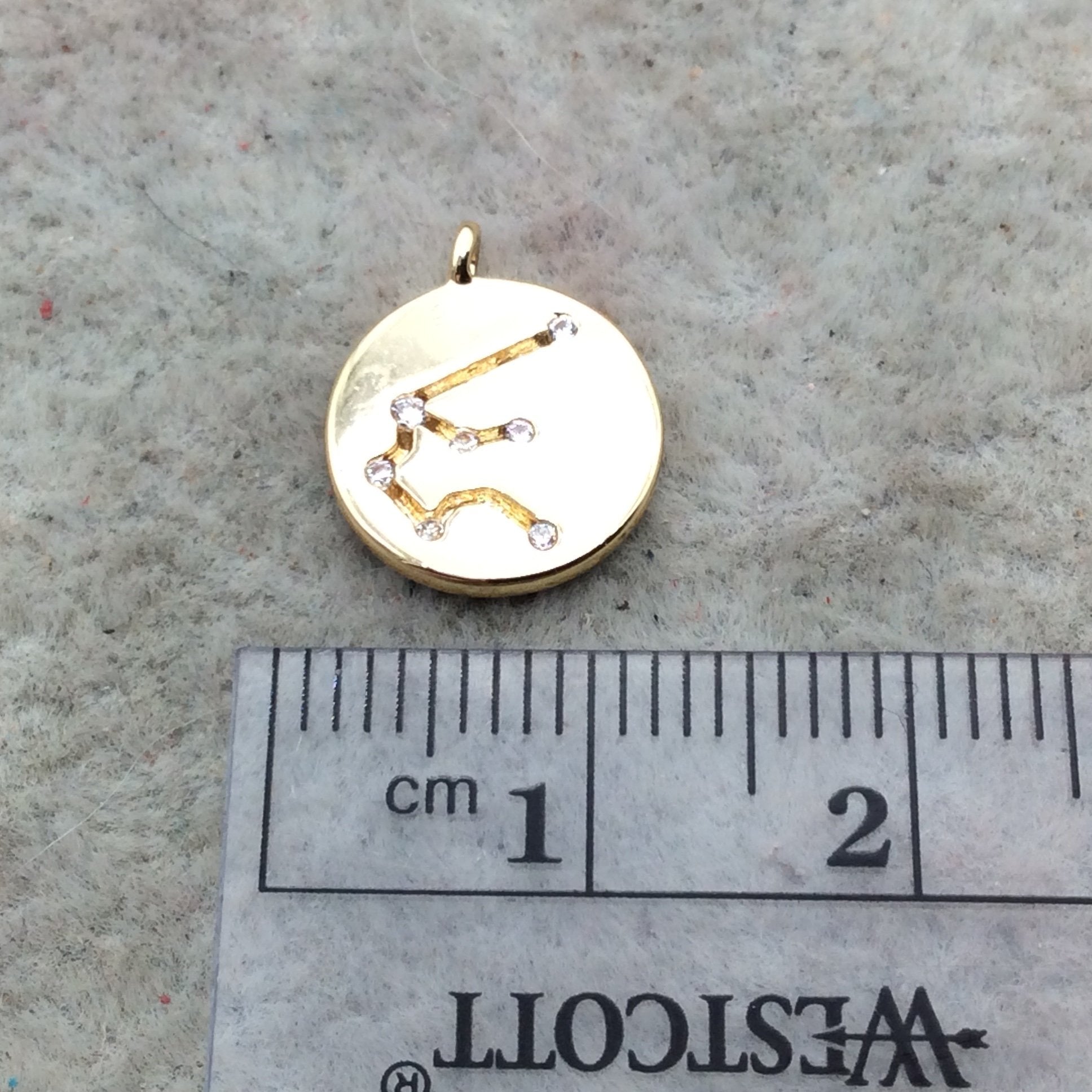 Small Gold Finish Round Shape CZ Cubic Zirconia Inlaid Plated Copper Aquarius Zodiac Constellation Pendant ~ 11mm  - Sold Individually
