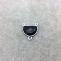 Sterling Silver Faceted Half Moon Shaped Jet Black Hydro (Man-made) Onyx Bezel 3 Ring Connector - Measuring 12mm x 16mm - Sold Individually