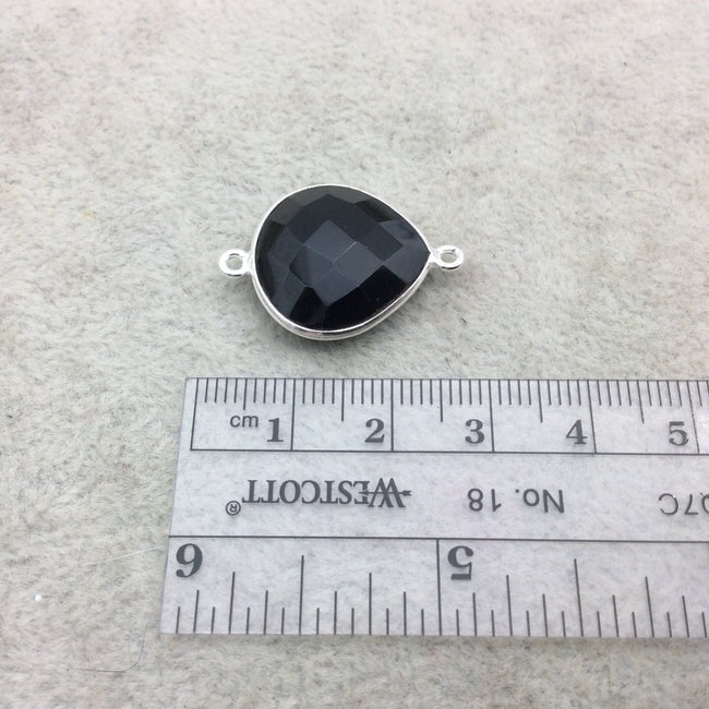 Sterling Silver Faceted Heart Shaped Jet Black Hydro (Man-made) Onyx Bezel Connector - Measuring 18mm x 18mm - Sold Individually
