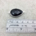 Sterling Silver Faceted Teardrop Shaped Jet Black Hydro (Man-made) Onyx Bezel Connector - Measuring 18mm x 25mm - Sold Individually