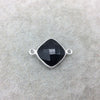 Sterling Silver Faceted Diamond Shaped Jet Black Hydro (Man-made) Onyx Bezel Connector - Measuring 15mm x 15mm - Sold Individually