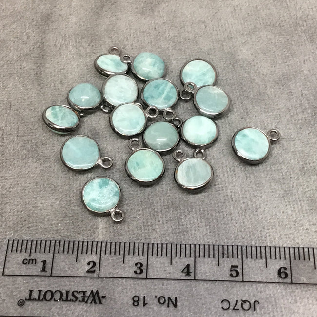 Gunmetal Plated Natural Amazonite Smooth Round/Coin Shaped Copper Bezel Pendant -  Measures 8mm x 8mm - Sold Individually, Random