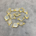 Gold Plated Smooth Natural Gray Moonstone Round/Coin Shaped Bezel Connector - Measuring 8mm x 8mm - Sold Individually, Chosen Randomly