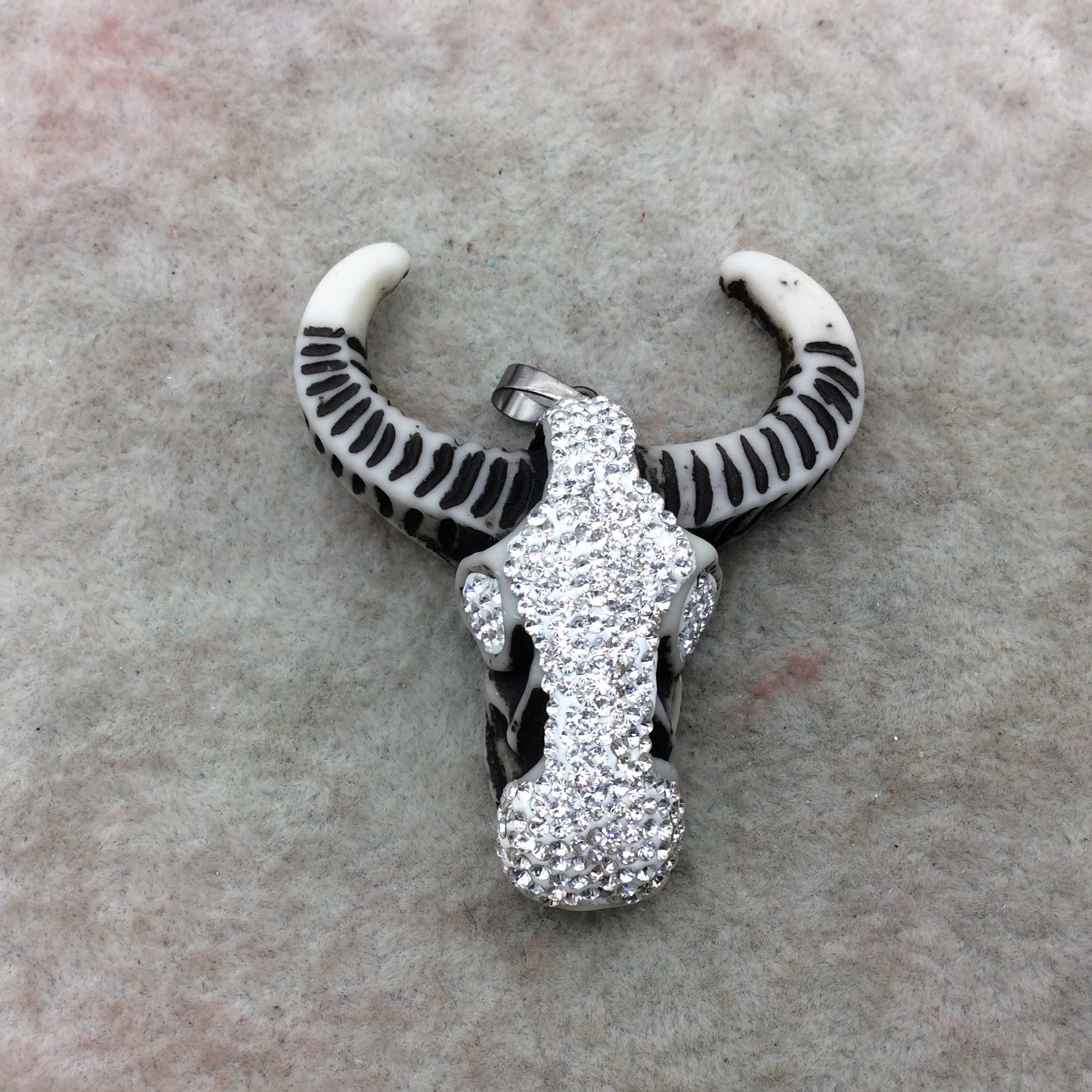 2.5" Silver Rhinestone Steer Skull Shaped Acrylic Resin Pendant with Rhinestone Eyes & Attached Bail - ~ 50mm x 60mm. - Sold Individually