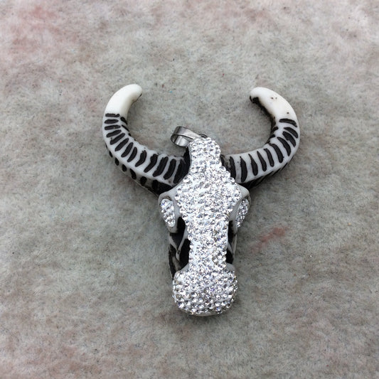 2.5" Silver Rhinestone Steer Skull Shaped Acrylic Resin Pendant with Rhinestone Eyes & Attached Bail - ~ 50mm x 60mm. - Sold Individually