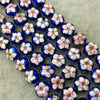 15mm Decorative Floral Cobalt Blue Round Pillow Shaped Metal/Enamel Cloisonné Beads - Sold by 15" Strands (Approx. 28 Beads Per Strand)