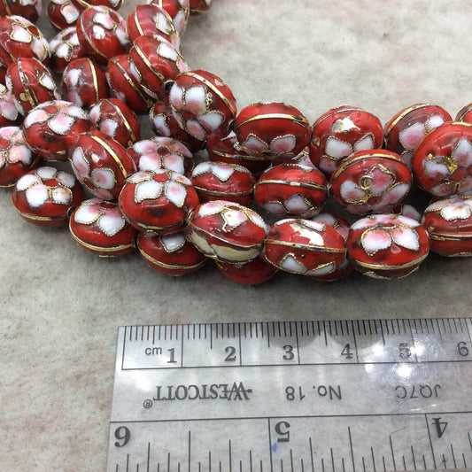15mm Decorative Floral Red Round Pillow Shaped Metal/Enamel Cloisonné Beads - Sold by 15" Strands (Approx. 28 Beads Per Strand)
