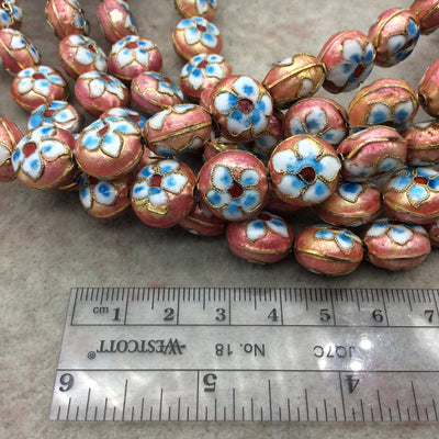 15mm Decorative Floral Peach Round Pillow Shaped Metal/Enamel Cloisonné Beads - Sold by 15" Strands (Approx. 28 Beads Per Strand)