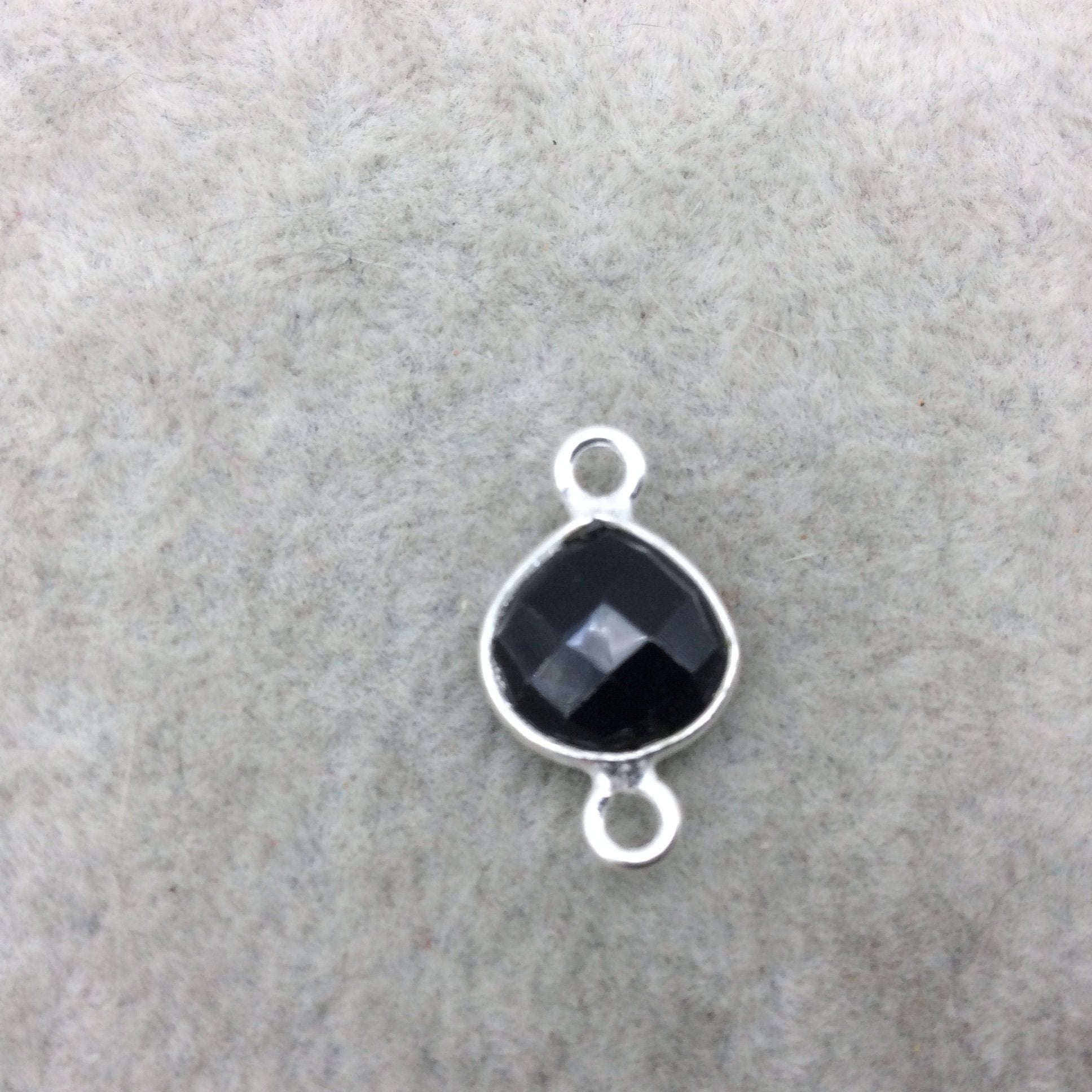 Sterling Silver Faceted Heart Shaped Jet Black Hydro (Man-made) Onyx Bezel Connector - Measuring 10mm x 10mm - Sold Individually