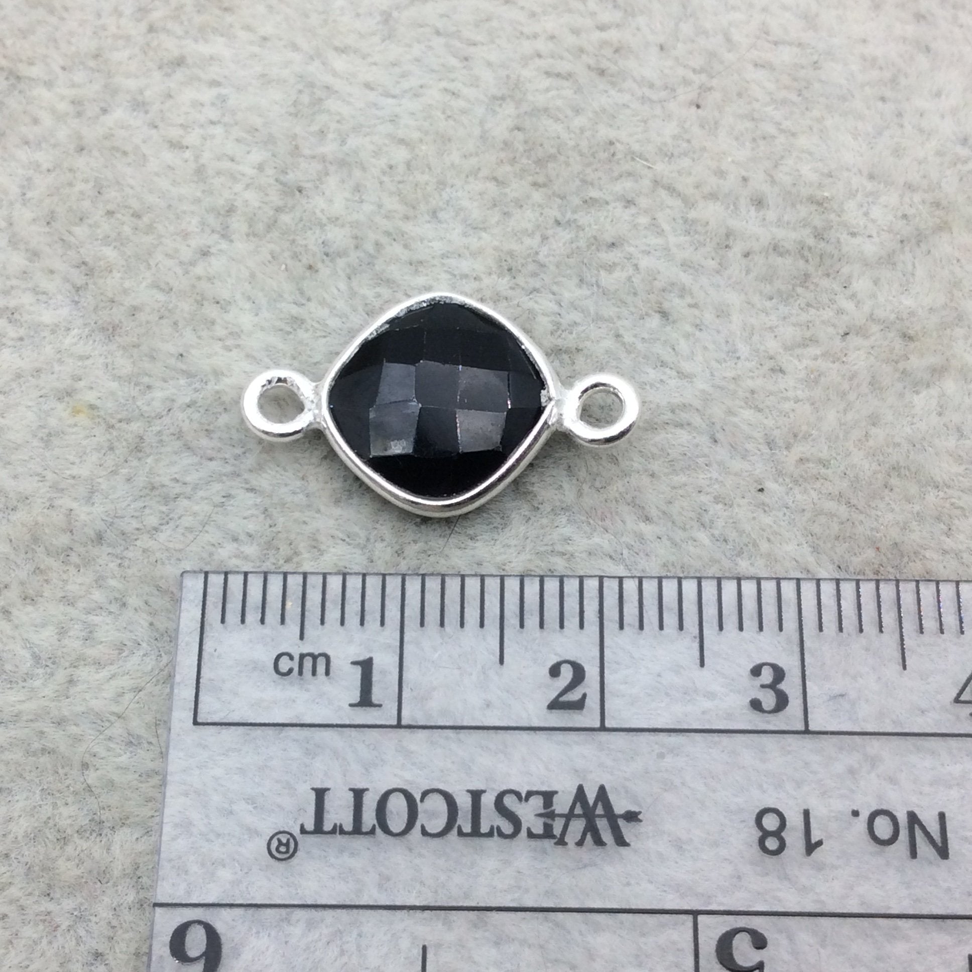 Sterling Silver Faceted Diamond Shaped Jet Black Hydro (Man-made) Onyx Bezel Connector - Measuring 10mm x 10mm - Sold Individually