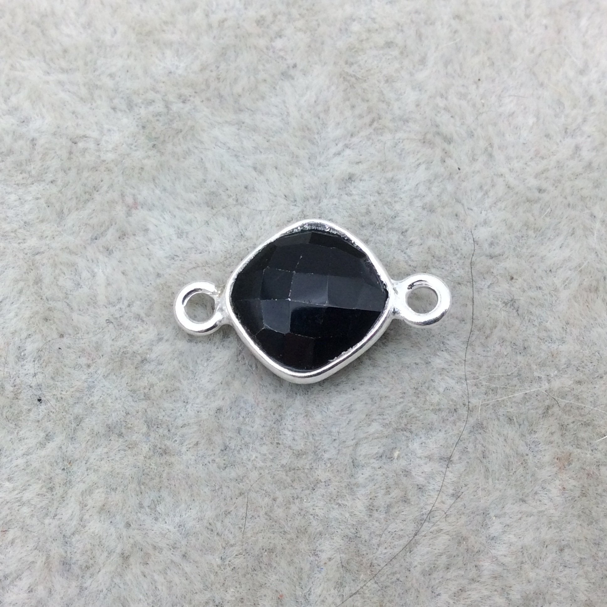 Sterling Silver Faceted Diamond Shaped Jet Black Hydro (Man-made) Onyx Bezel Connector - Measuring 10mm x 10mm - Sold Individually