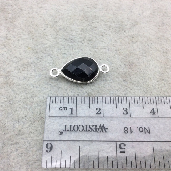 Sterling Silver Faceted Teardrop Shaped Jet Black Hydro (Man-made) Onyx Bezel Connector - Measuring 10mm x 15mm - Sold Individually