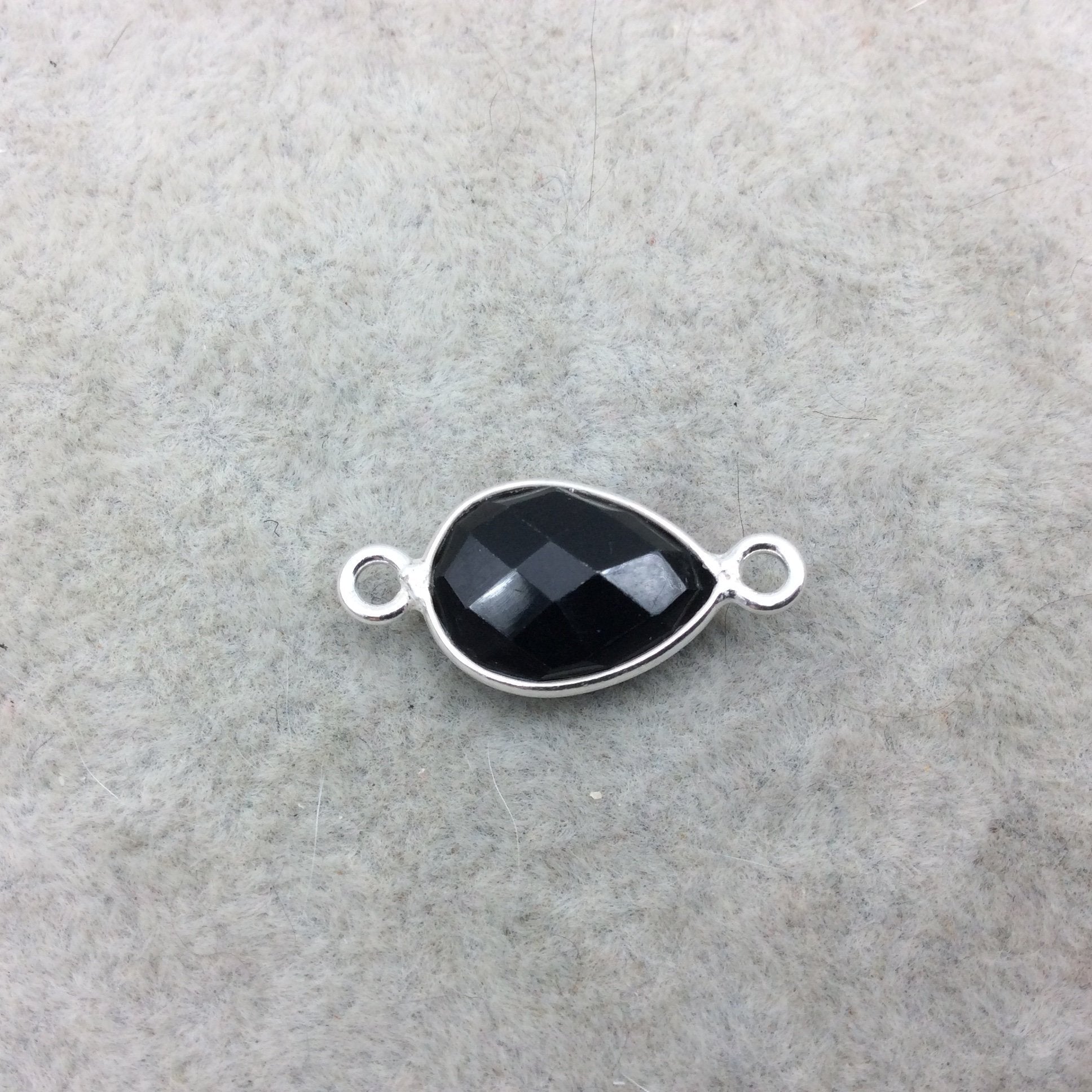 Sterling Silver Faceted Teardrop Shaped Jet Black Hydro (Man-made) Onyx Bezel Connector - Measuring 10mm x 15mm - Sold Individually