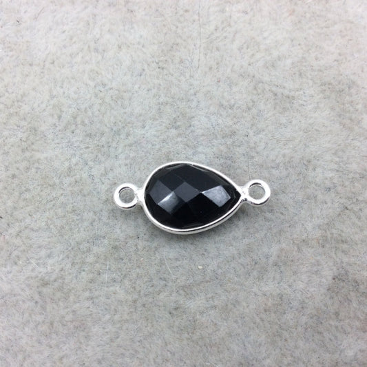 Sterling Silver Faceted Teardrop Shaped Jet Black Hydro (Man-made) Onyx Bezel Connector - Measuring 10mm x 15mm - Sold Individually