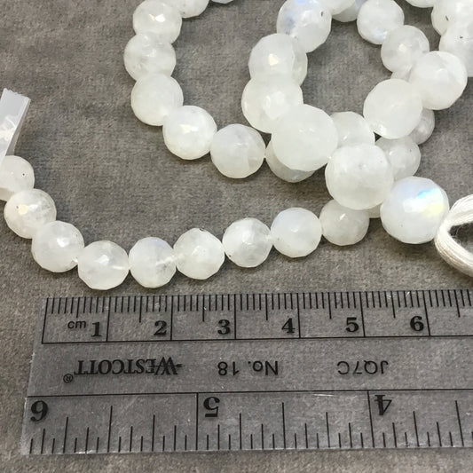 8-10mm x 8-10mm Faceted Graduated Round Shaped Rainbow Moonstone Beads - 14" Strand (~41 Beads) High Quality Hand-Cut Semi-Precious Gemstone