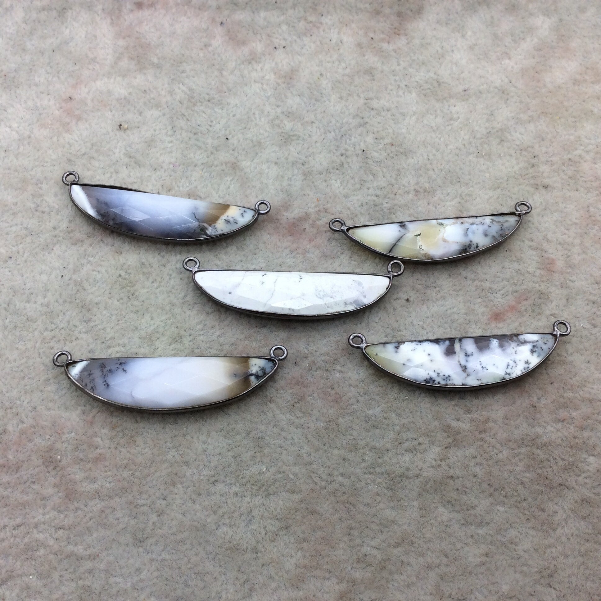 Gunmetal Plated Dendritic Opal Faceted Half-Moon Shaped Copper Bezel Pendant - Measures 10mm x 40mm - Sold Individually, Random