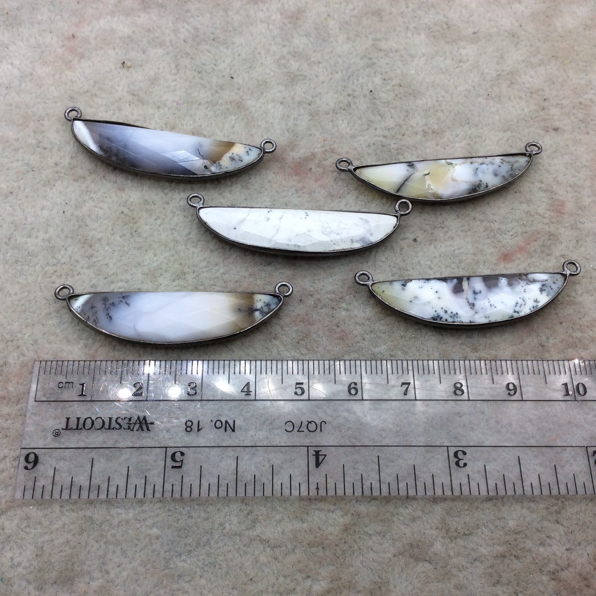Gunmetal Plated Dendritic Opal Faceted Half-Moon Shaped Copper Bezel Pendant - Measures 10mm x 40mm - Sold Individually, Random