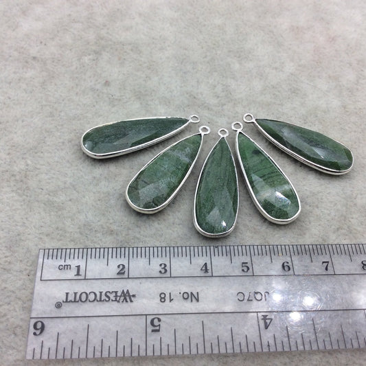 Silver Finish Faceted Green Aventurine Long Teardrop Shape Bezel - Plated Copper Pendant Component ~ 10mm x 30mm - Sold Individually