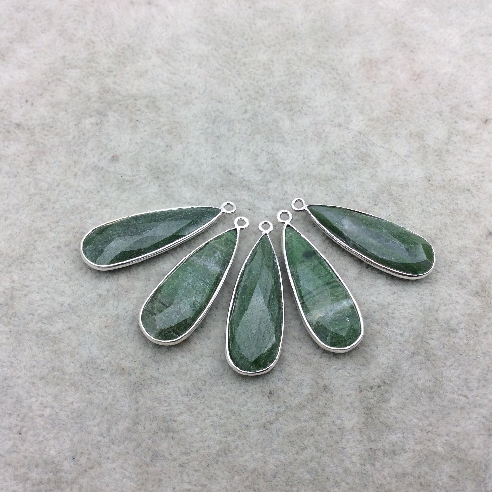 Silver Finish Faceted Green Aventurine Long Teardrop Shape Bezel - Plated Copper Pendant Component ~ 10mm x 30mm - Sold Individually