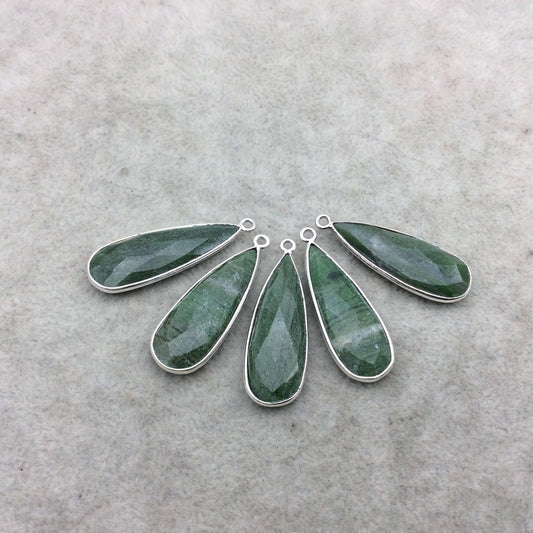 Silver Finish Faceted Green Aventurine Long Teardrop Shape Bezel - Plated Copper Pendant Component ~ 10mm x 30mm - Sold Individually