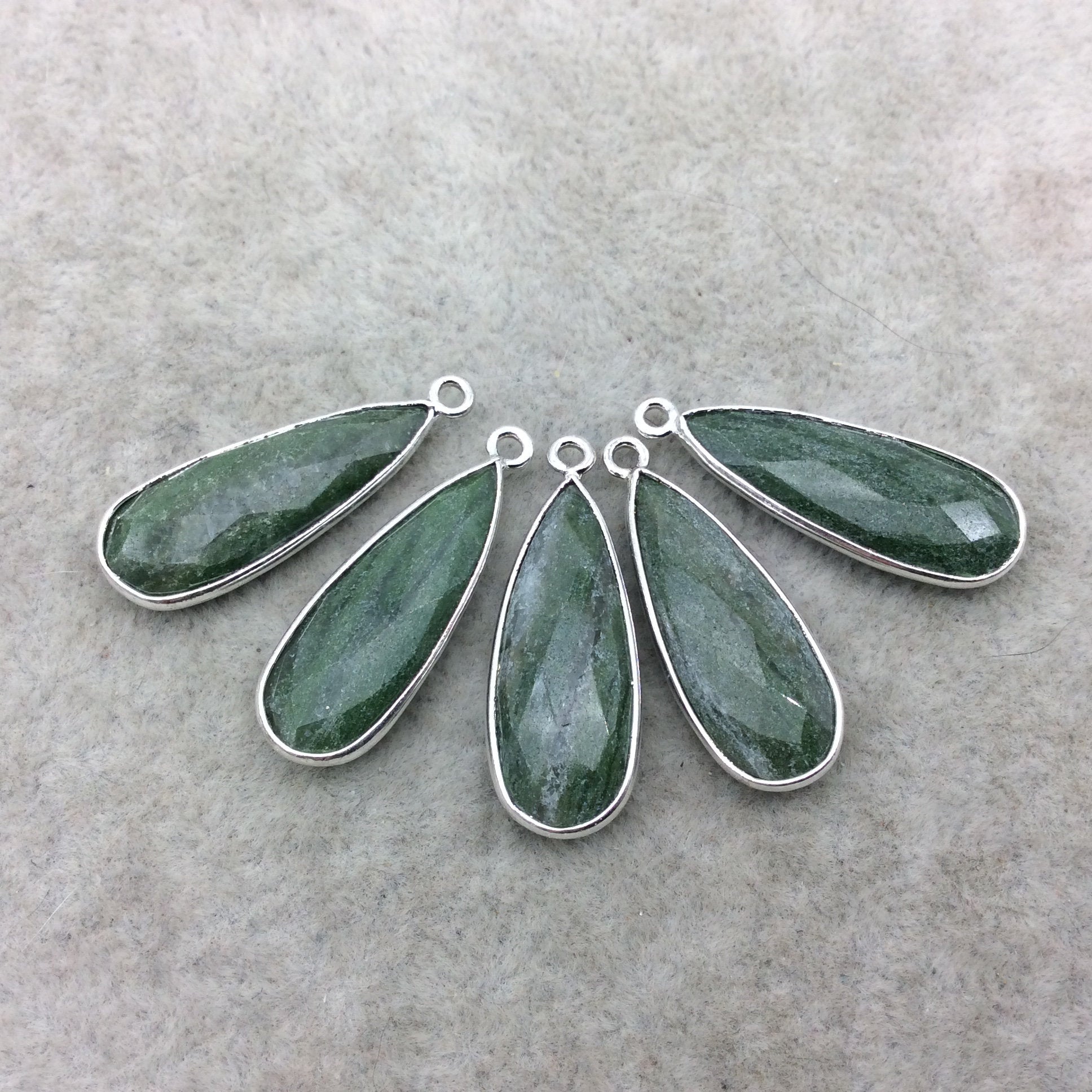 Silver Finish Faceted Green Aventurine Long Teardrop Shape Bezel - Plated Copper Pendant Component ~ 15mm x 45mm - Sold Individually
