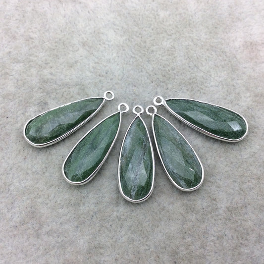 Silver Finish Faceted Green Aventurine Long Teardrop Shape Bezel - Plated Copper Pendant Component ~ 15mm x 45mm - Sold Individually