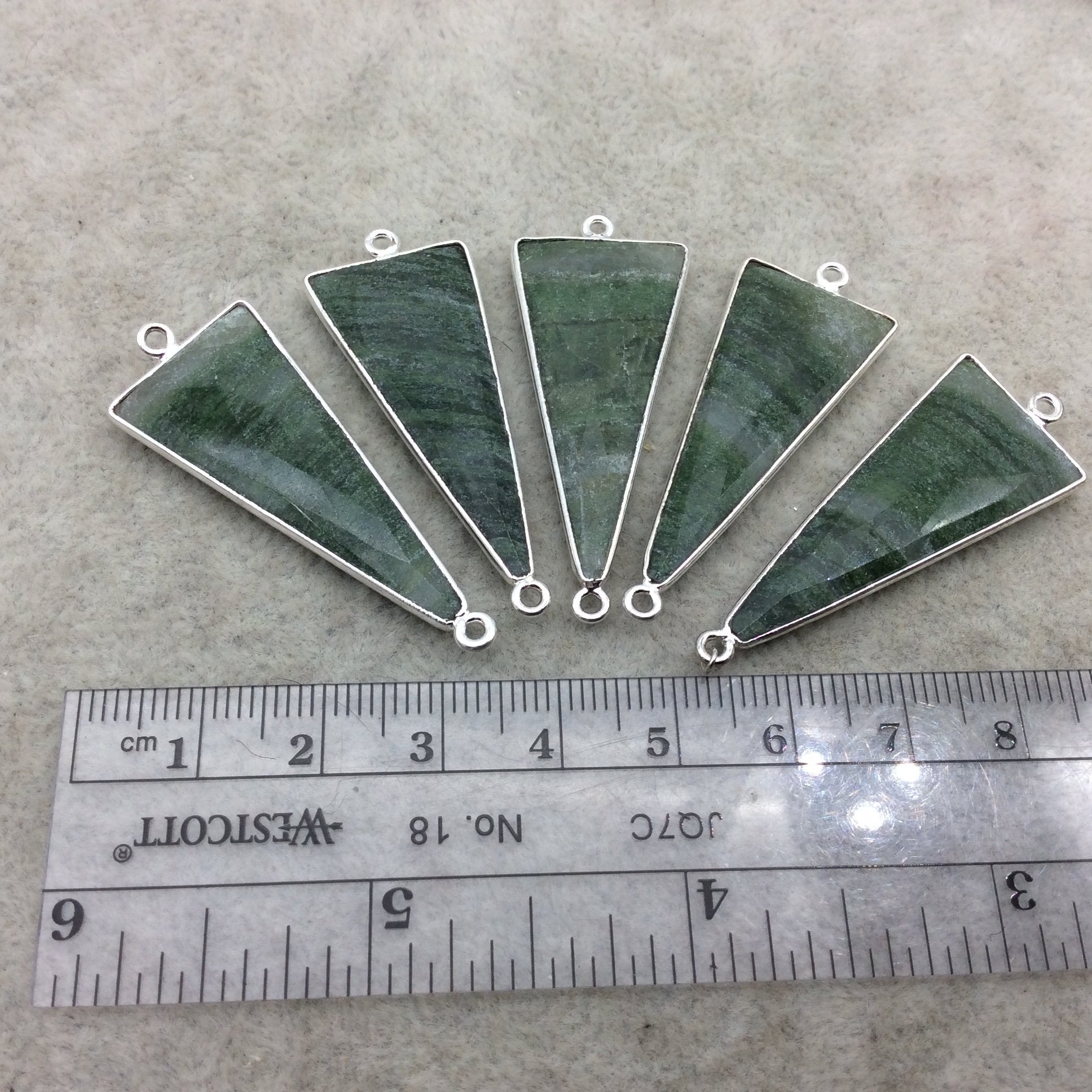 Silver Finish Faceted Green Aventurine Triangle Shape Bezel - Plated Copper Connector Component ~ 12mm x 30mm - Sold Individually
