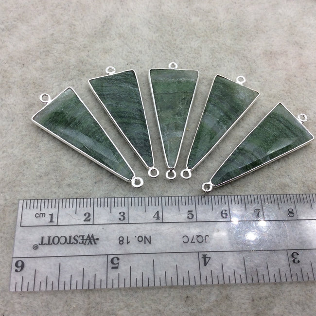Silver Finish Faceted Green Aventurine Triangle Shape Bezel - Plated Copper Connector Component ~ 15mm x 35mm - Sold Individually