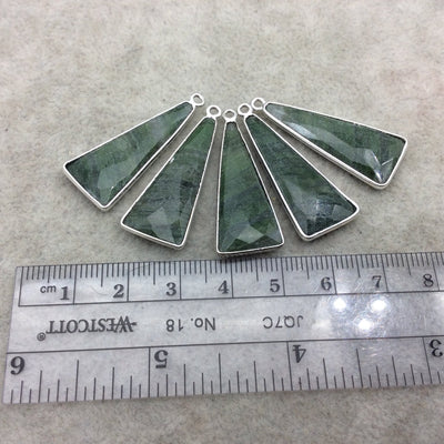 Silver Finish Faceted Green Aventurine Triangle Shape Bezel - Plated Copper Pendant Component ~ 12mm x 30mm - Sold Individually