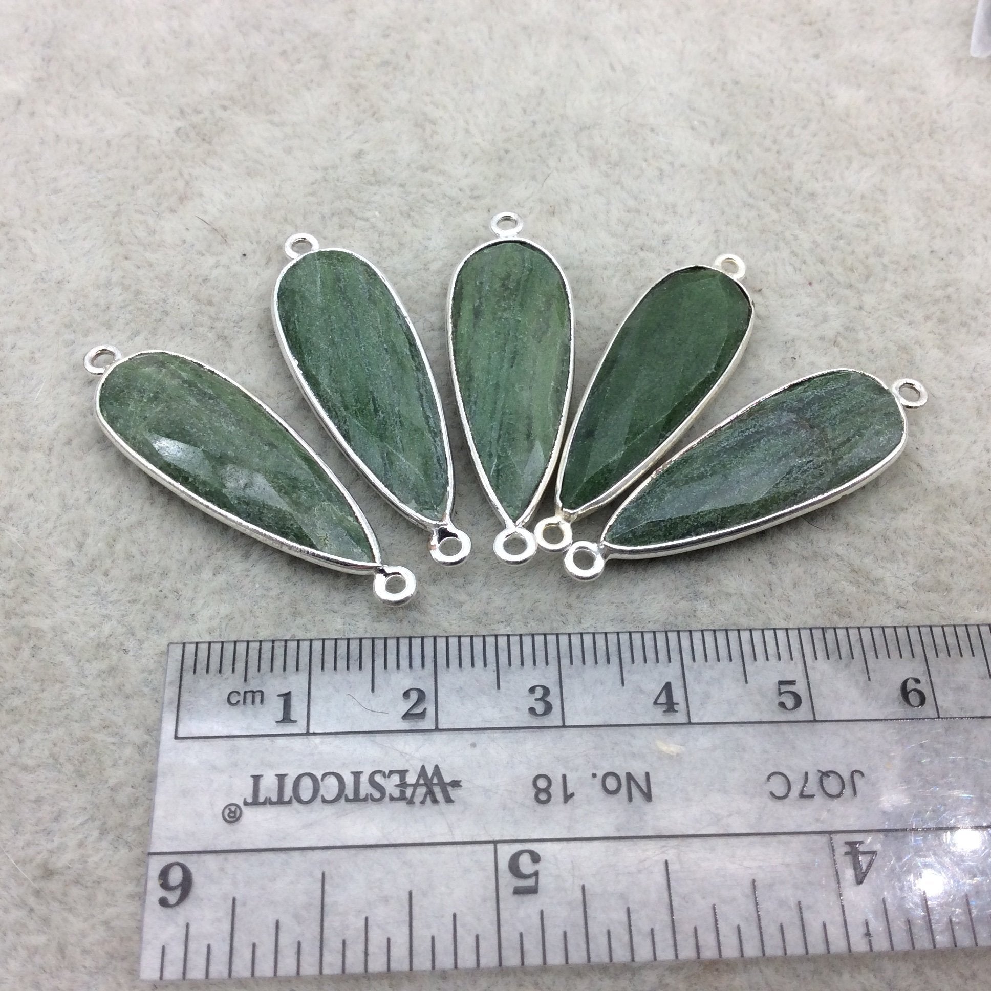 Silver Finish Faceted Green Aventurine Long Teardrop Shape Bezel - Plated Copper Connector Component ~ 10mm x 30mm - Sold Individually