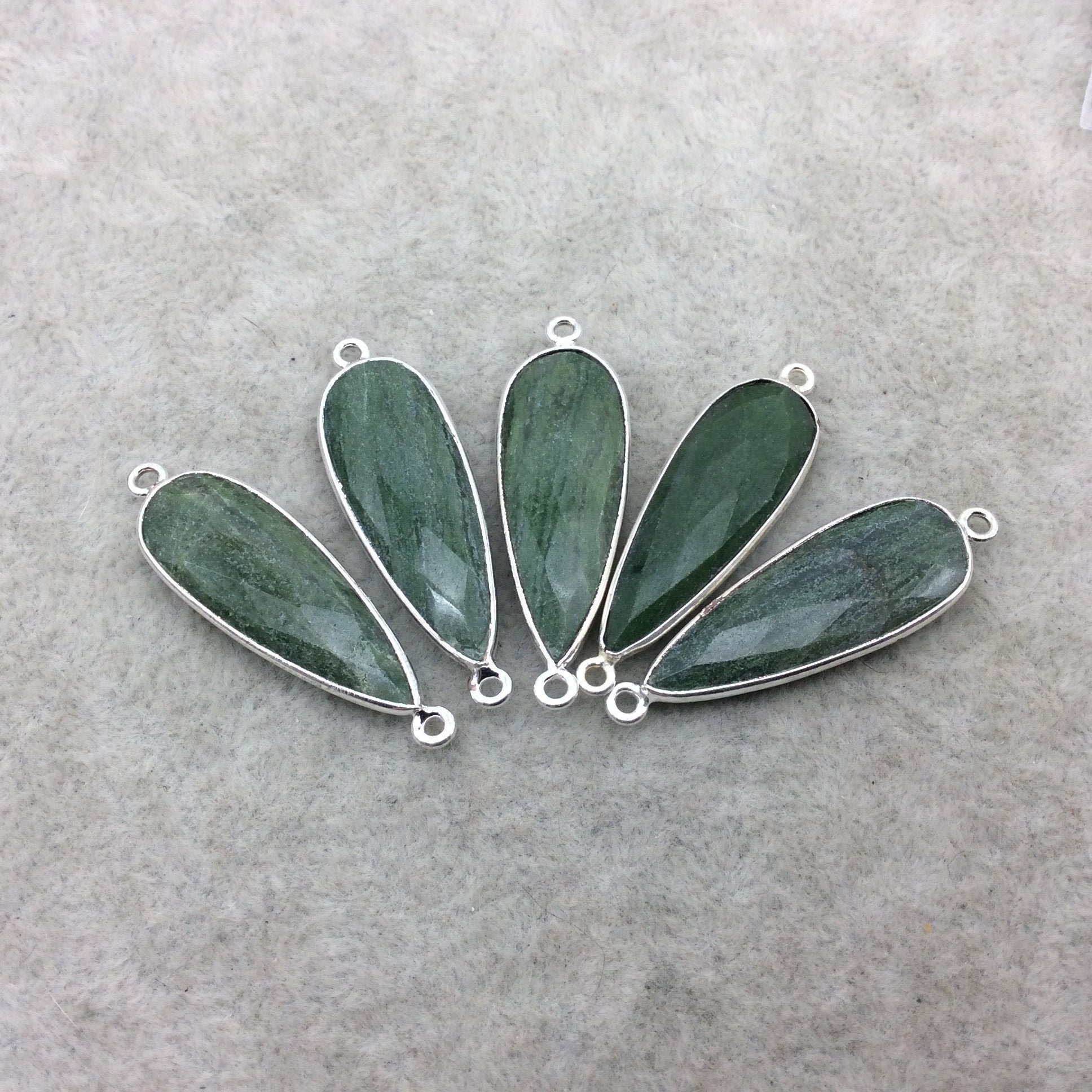 Silver Finish Faceted Green Aventurine Long Teardrop Shape Bezel - Plated Copper Connector Component ~ 10mm x 30mm - Sold Individually