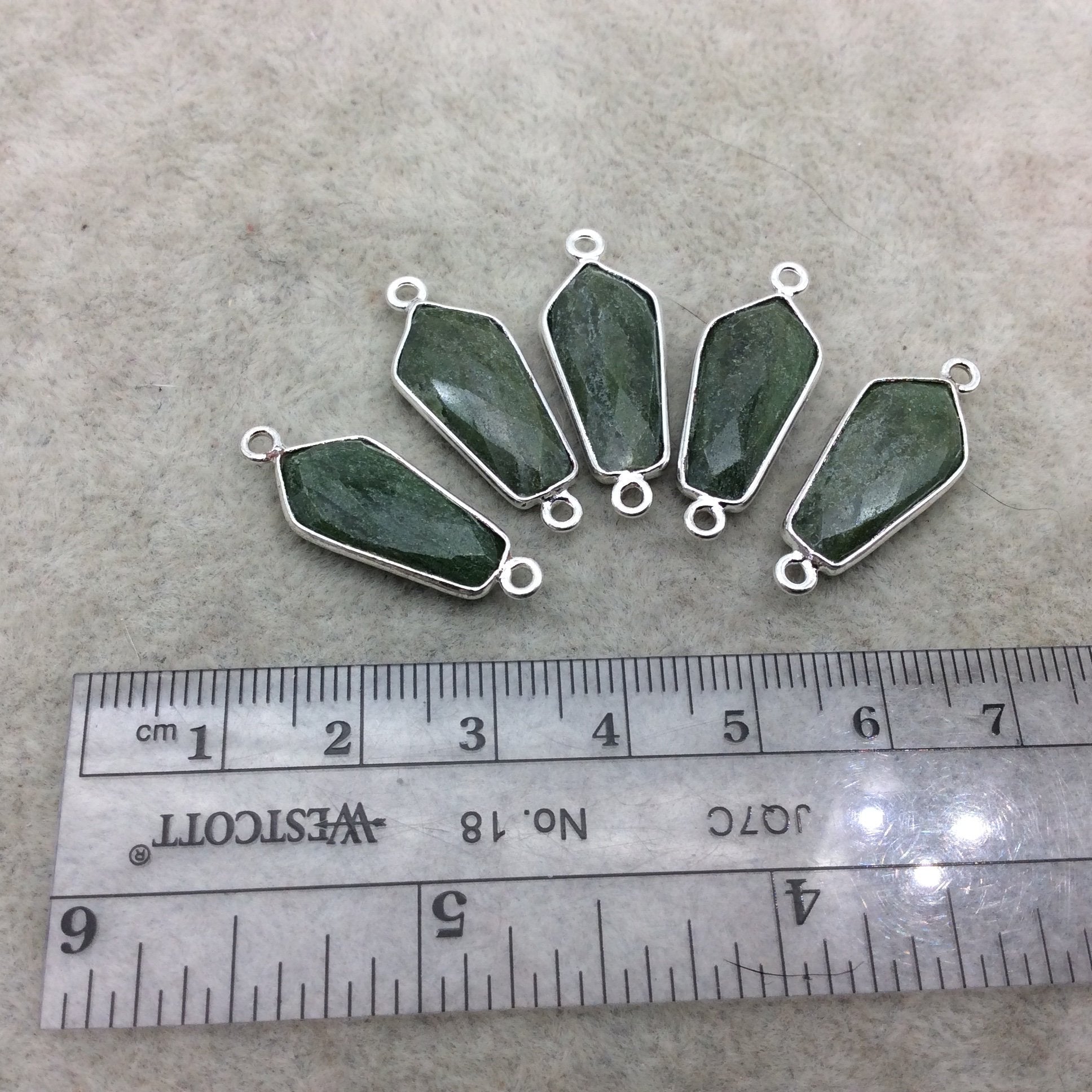 Silver Finish Faceted Green Aventurine Dagger Shape Bezel - Plated Copper Connector ~ 10mm x 20mm - Sold Individually