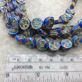 11mm Decorative Floral Medium Blue Puffed Drum Shaped Metal/Enamel Cloisonné Beads - Sold by 15" Strands (Approx. 36 Beads Per Strand)
