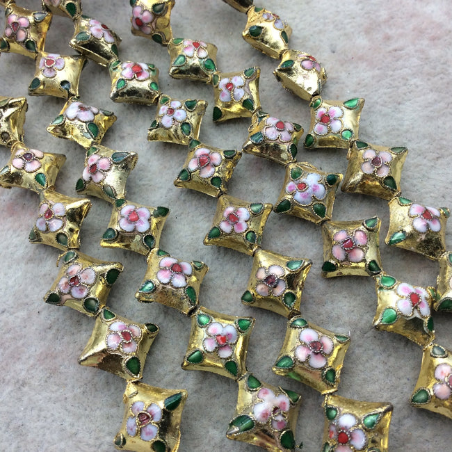 16mm Decorative Floral Gold Puffed Diamond Shaped Metal/Enamel Cloisonné Beads - Sold by 15" Strands (Approx. 24 Beads Per Strand)