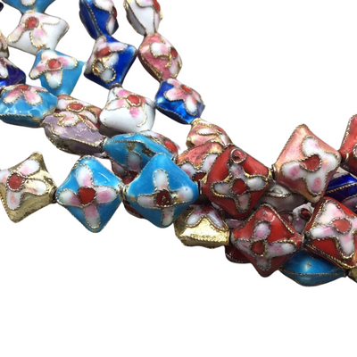 11mm Decorative Floral Multicolored Puffed Diamond Shaped Metal/Enamel Cloisonné Beads - Sold by 15" Strands (Approx. 38 Beads Per Strand)