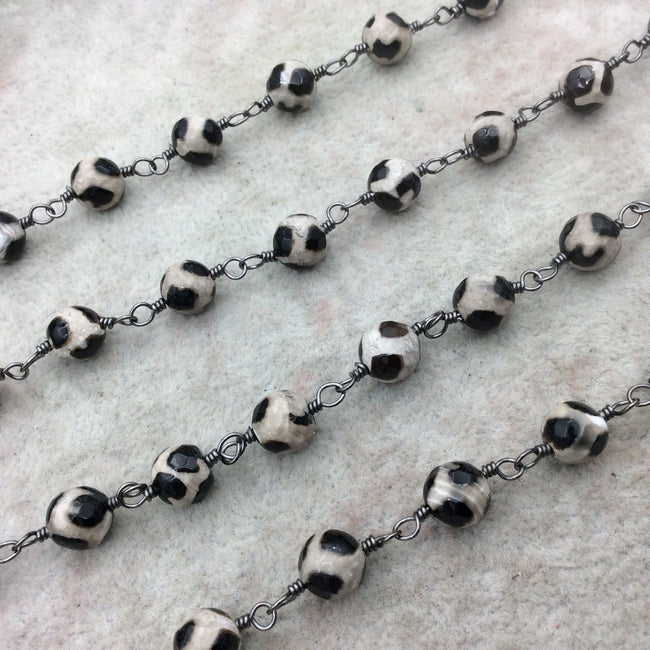 Gunmetal Plated Copper Wrapped Rosary Chain with 8mm  Faceted Black/Gray Spotted Agate Round Shaped Beads - Sold by the foot! (CH420-GM)