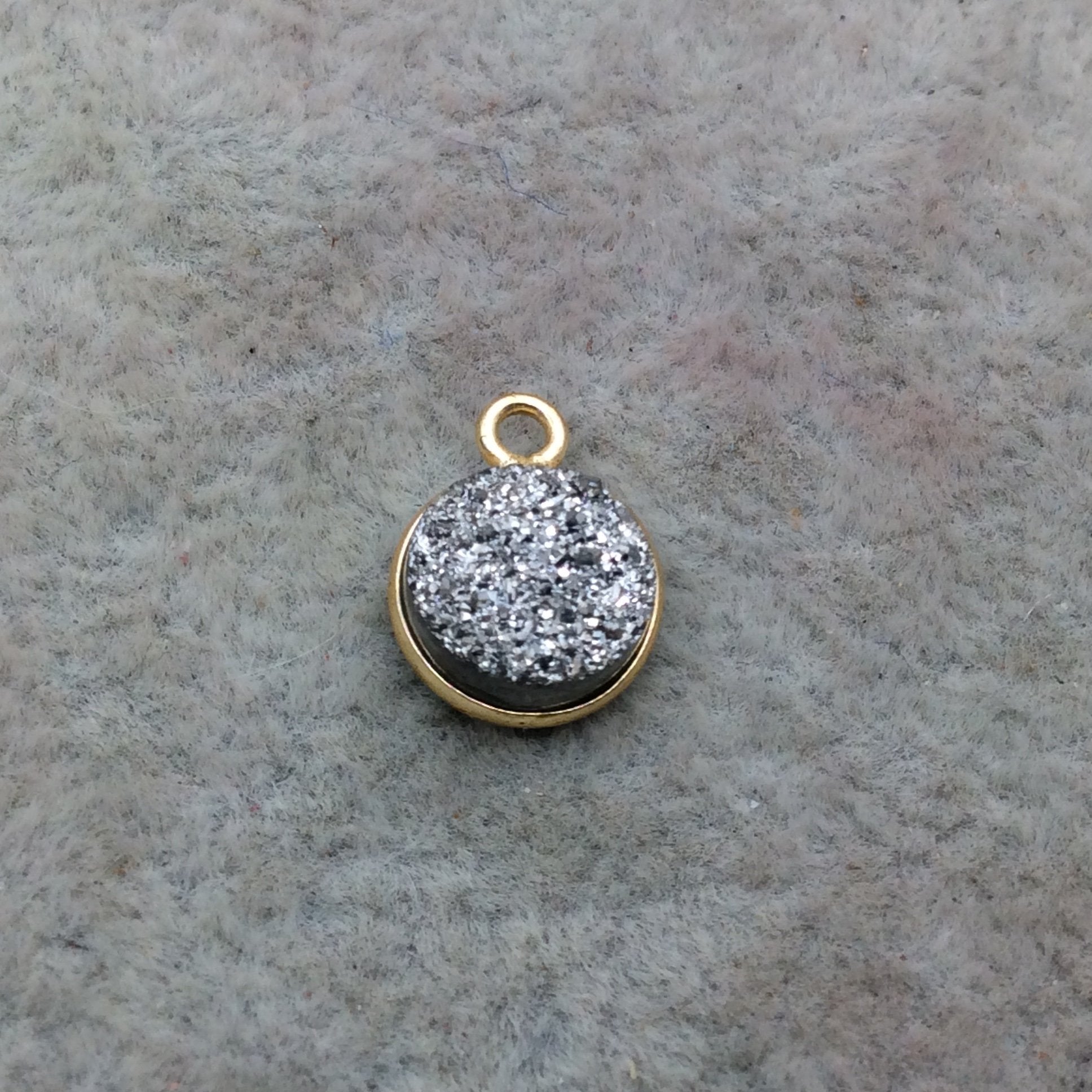 Gold Finish Metallic Silver Round/Coin Shaped Natural Druzy Agate Bezel Pendant Component - Measures 9mm x 9mm - Sold Individually