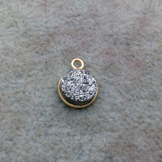 Gold Finish Metallic Silver Round/Coin Shaped Natural Druzy Agate Bezel Pendant Component - Measures 9mm x 9mm - Sold Individually