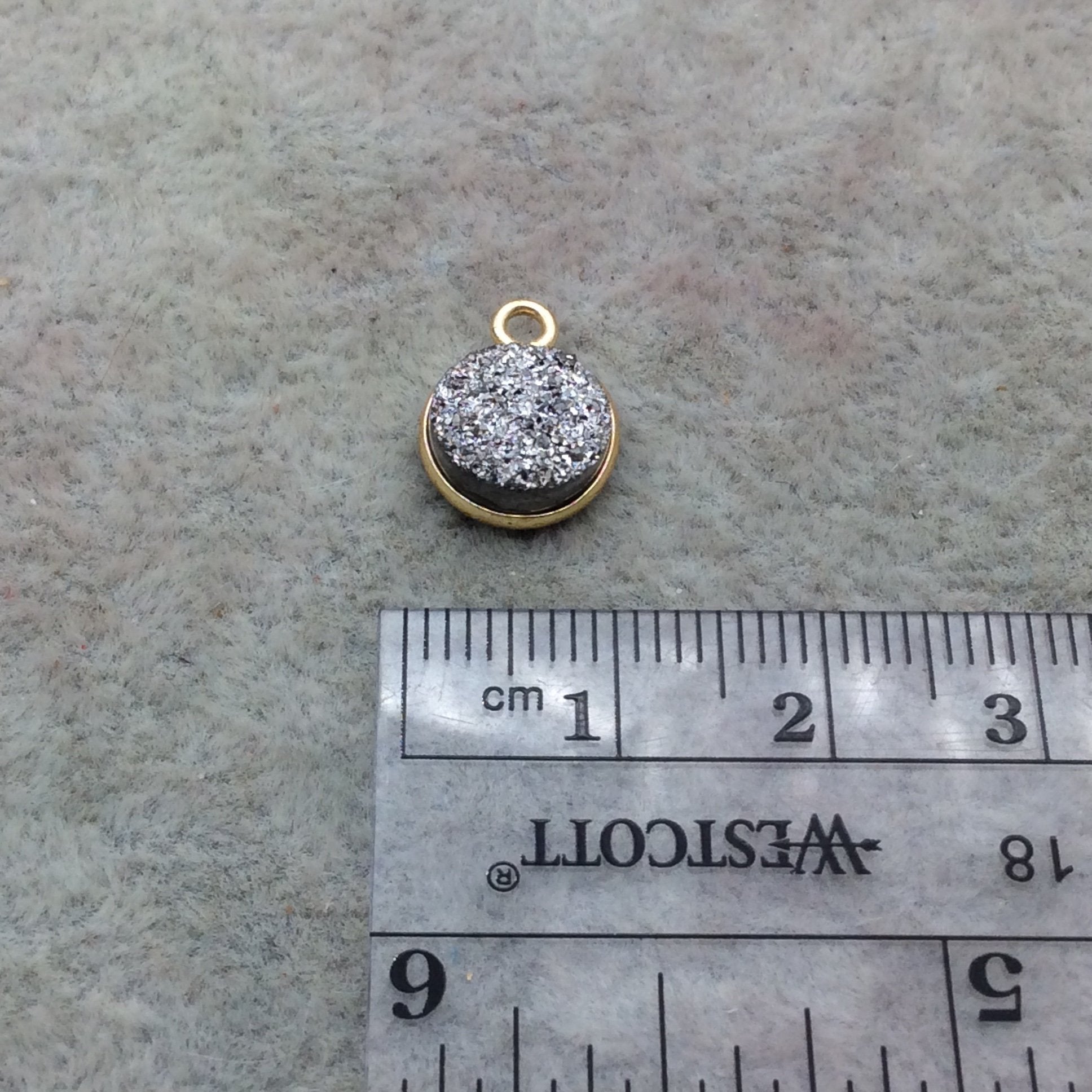 Gold Finish Metallic Silver Round/Coin Shaped Natural Druzy Agate Bezel Pendant Component - Measures 9mm x 9mm - Sold Individually
