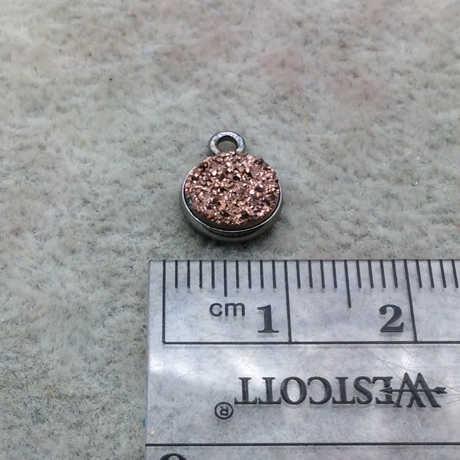 Gunmetal Finish Metallic Peach/Rose Gold Round/Coin Shaped Natural Druzy Agate Bezel Pendant Component - Measures 8mm x 8mm - Sold as Each