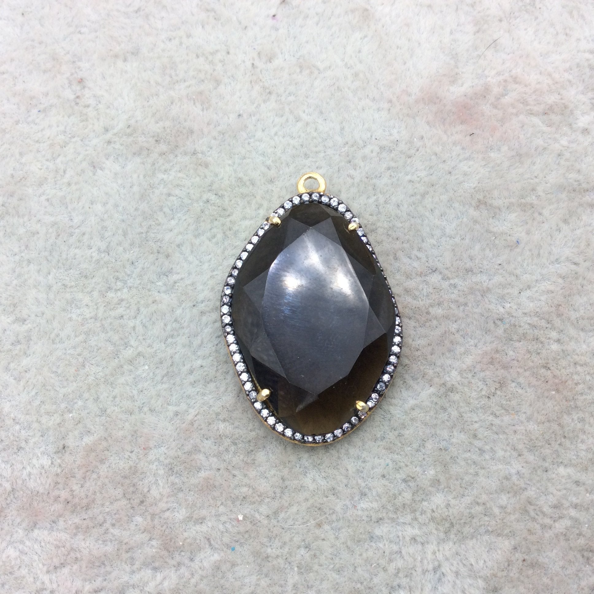 Gold Finish Faceted CZ Rimmed Transparent Smoky Quartz Freeform Shaped Bezel Pendant Component - Measures 23mm x 29mm