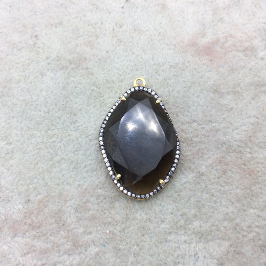 Gold Finish Faceted CZ Rimmed Transparent Smoky Quartz Freeform Shaped Bezel Pendant Component - Measures 23mm x 29mm