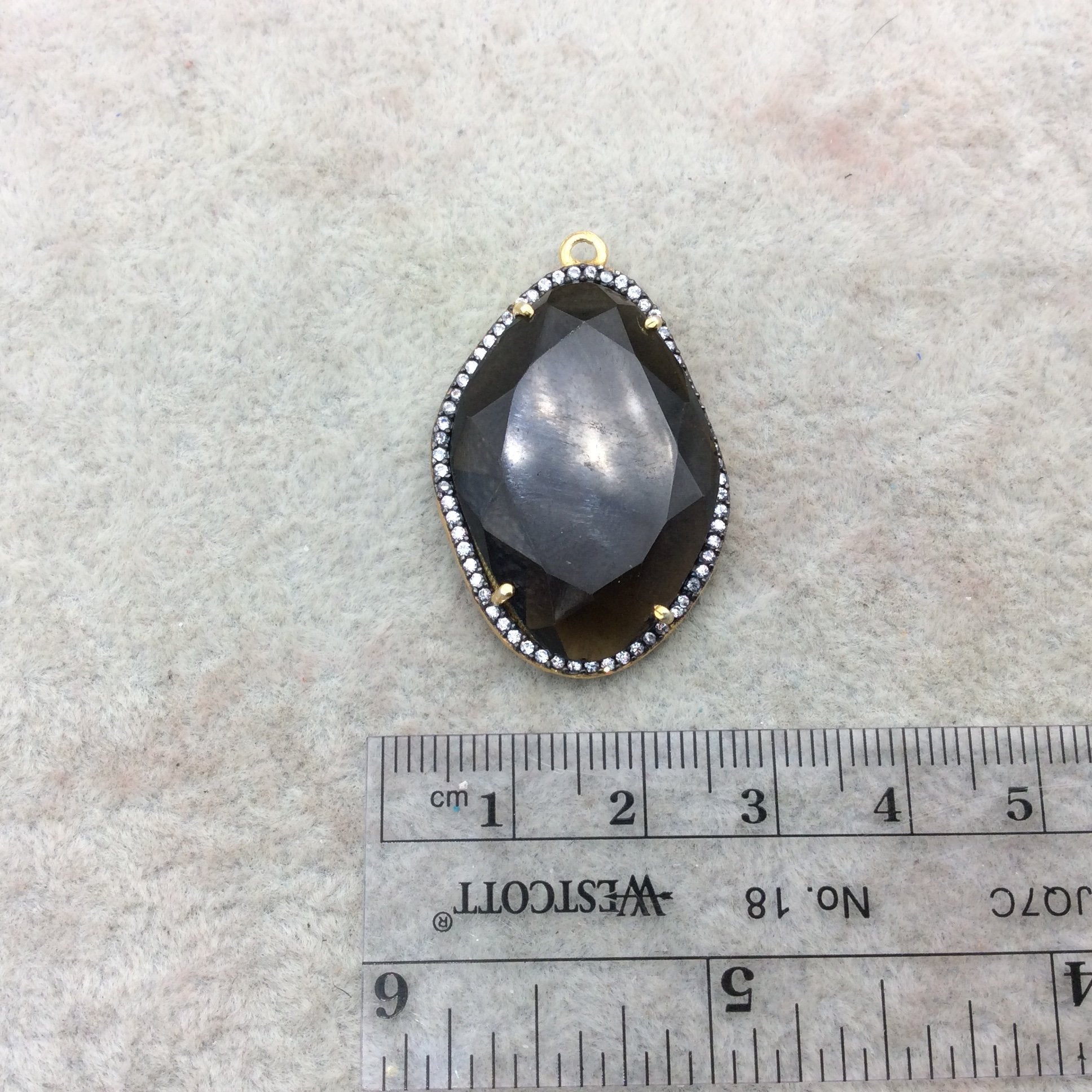 Gold Finish Faceted CZ Rimmed Transparent Smoky Quartz Freeform Shaped Bezel Pendant Component - Measures 23mm x 29mm