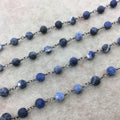 Gunmetal Plated Copper Rosary Chain with 6mm Matte Round Shaped Blue/White Sodalite Beads - Sold by the Foot! - Natural Beaded Chain