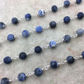 Silver Plated Copper Rosary Chain with 6mm Matte Round Shaped Blue/White Sodalite Beads - Sold by the Foot! - Natural Beaded Chain