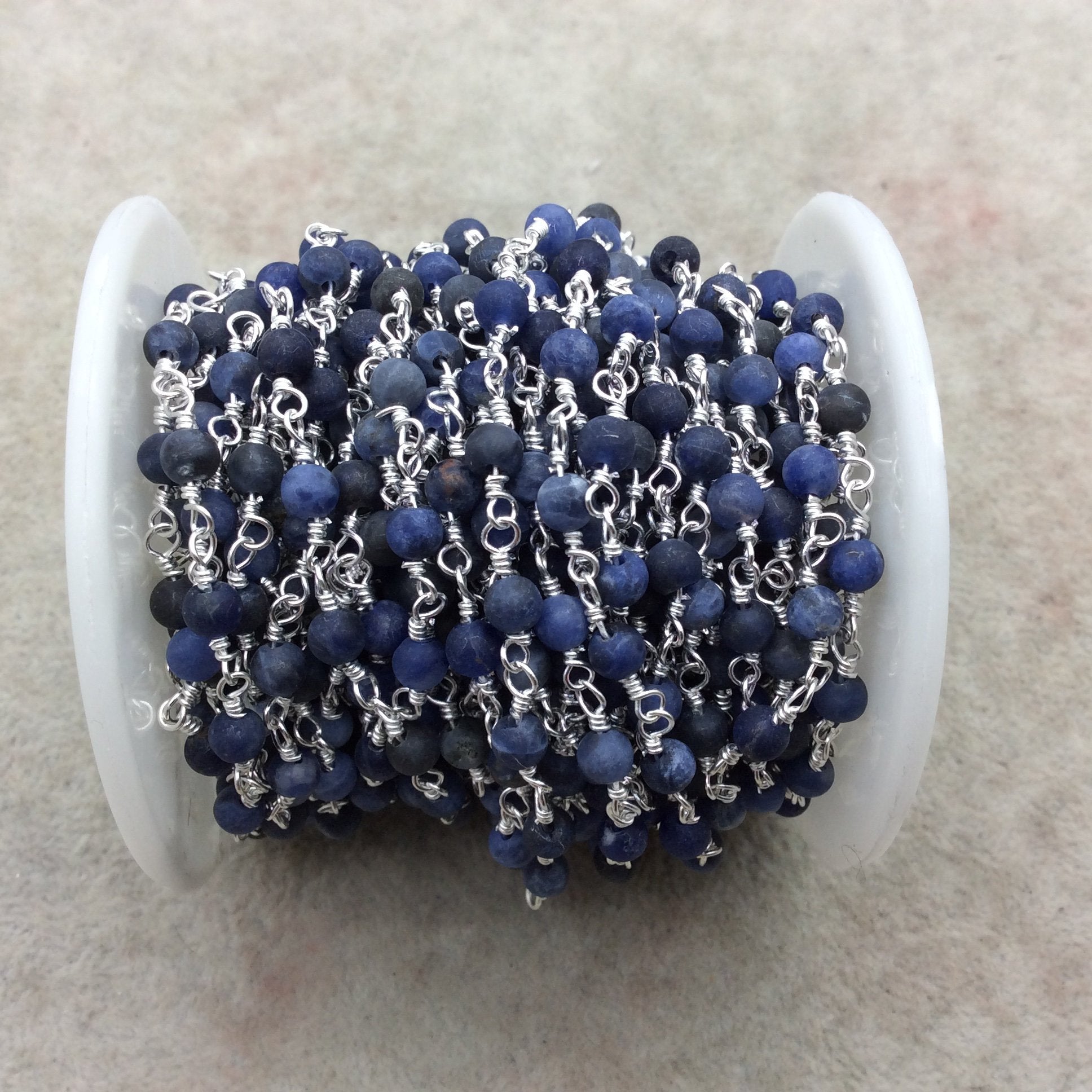Silver Plated Copper Rosary Chain with 4mm Matte Round Shaped Blue/White Sodalite Beads - Sold by the Foot! - Natural Beaded Chain